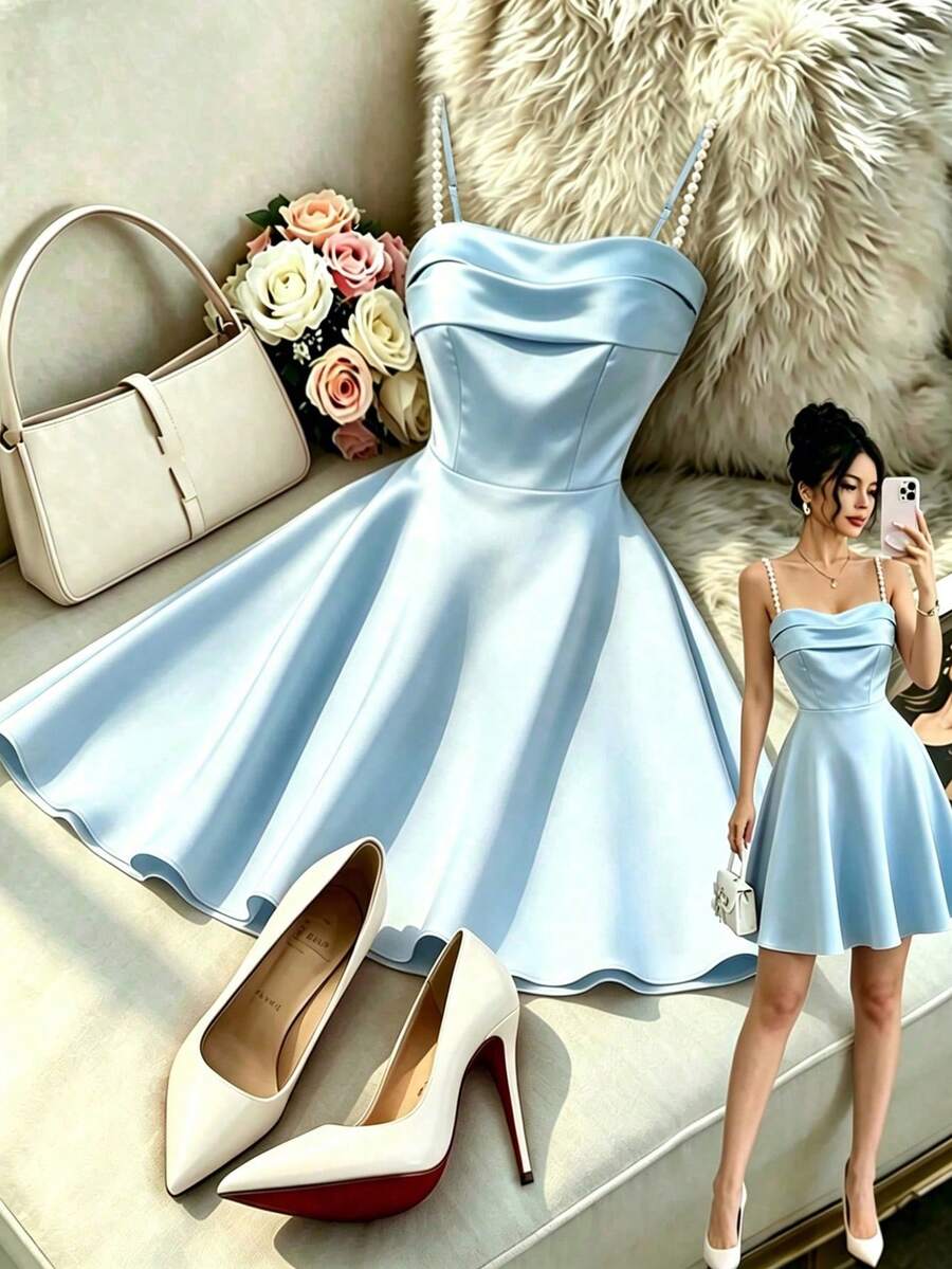 Elenzga New Arrival Spaghetti Strap Shiny Fabric Elegant Commuter Versatile Daily Wear Bodycon Mini Dress For Women - Blue - View 1