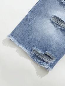 SHEIN Tween Boy Denim Shorts Summer New Casual Vintage Mid-Blue Distressed Ripped Hem Design Stylish Fit Multi-Style Matching, Multi-Scenario Wear Vacation School Casual Party Boys Summer Denim Wide Leg Shorts - Light Wash - View 4