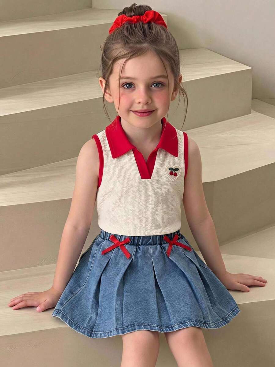 SHEIN Playful Pals 女童背心套裝,夏季新品,休閒可愛趣味風,紅色小領拼接淺杏色背心,V領,蕾絲愛心拼接紅色櫻桃徽章,搭配淺藍色復古牛仔褲,鬆緊腰設計,腰部紅色3D蝴蝶結,修身剪裁,柔軟舒適面料,百搭時尚風格,適合日常穿著、夏季度假、音樂節、派對聚會等多種場合,夏季度假新品女童套裝 - 彩色 - 查看 1