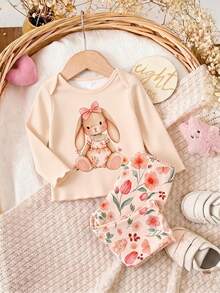 新生女嬰可愛卡通與花卉圖案長袖居家服套裝 - 彩色 - 查看 7