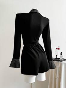 Elamini Jumpsuit Wanita 2 In 1 Motif Garis-Garis Musim Gugur dengan Kerah Kemeja Lengan Panjang - Hitam - View 2