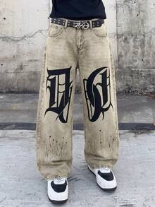 Manfinity EMRG Men's Casual Washed Letter Print Denim Jeans - Olive Green - View 5