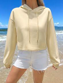 SHEIN EZwear 休閒極簡淡黃色基本款短版連帽寬鬆女款運動衫，舞蹈運動衫，適合春季、夏季、初秋 - 杏色 - 查看 5