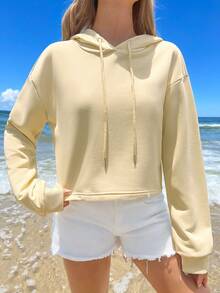SHEIN EZwear 休閒極簡淡黃色基本款短版連帽寬鬆女款運動衫，舞蹈運動衫，適合春季、夏季、初秋 - 杏色 - 查看 12