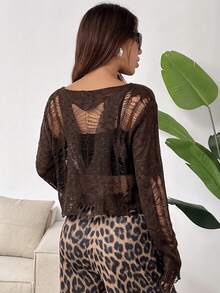SHEIN EZwear 休閒不對稱破洞女款毛衣 - 巧克力棕 - 查看 2