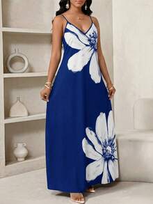 SHEIN Lady 大尺碼度假時尚花卉印花細肩帶洋裝，適合海灘穿著 - 藍色 - 查看 3