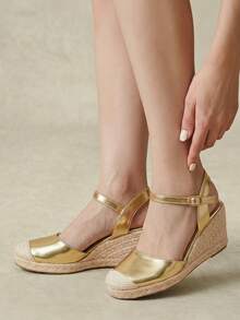 Styleloop أحذية نسائية، بني، أحذية من القش وحبل القنب مطرزة بالزهور، صنادل بكعب إسفين ومنصة، ملابس بوهيمية للعطلات تعزز الطول - الذهبي - مشاهدة 7