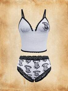HARRY POTTER X SHEIN Women's Letter Print Camisole Bra Set - Grey - View 1