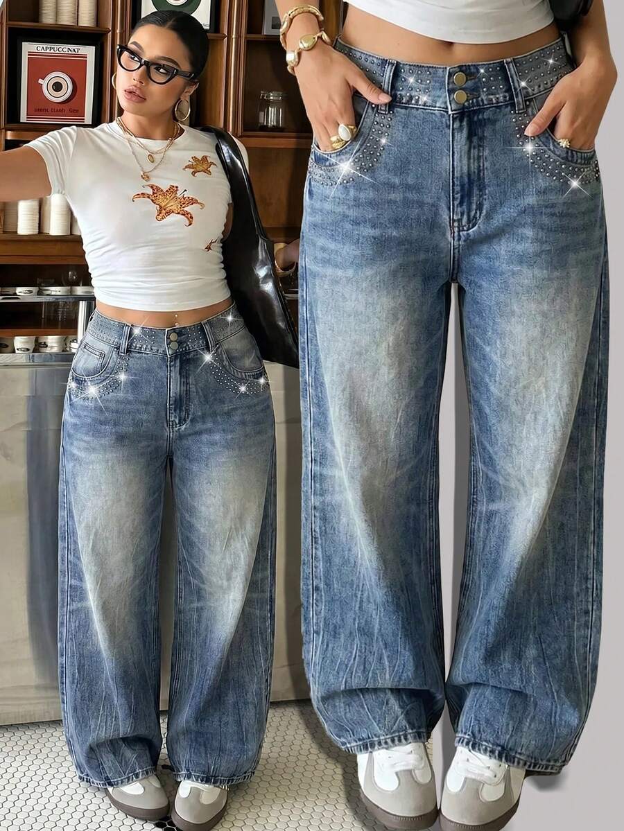 SHEIN ICON 大尺碼女款直筒寬鬆休閒百搭牛仔褲,附口袋 - 深色水洗藍 - 查看 1
