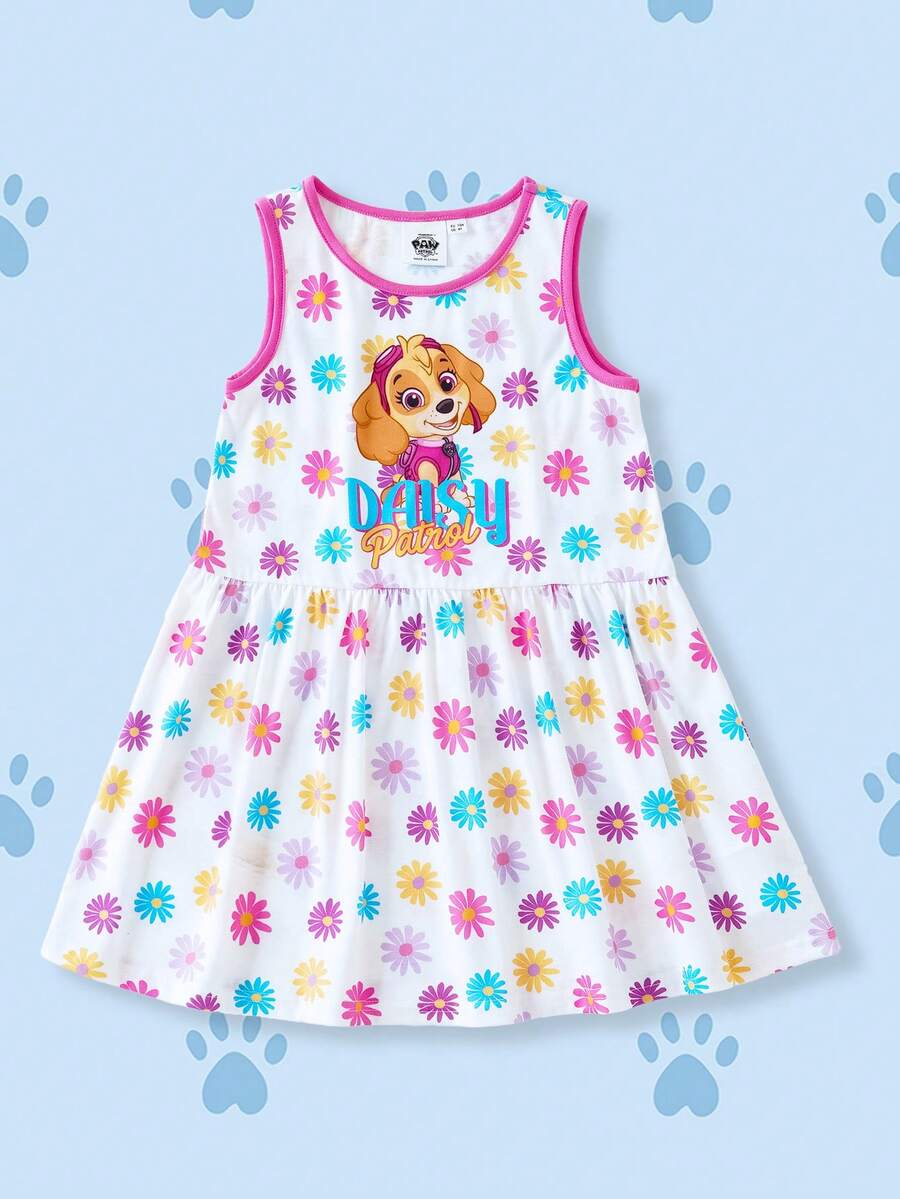 SHEIN | PAW Patrol Young Girl Daisy Print Ruffle Hem Sleeveless Dress, - Pink - View 1