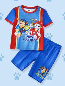 SHEIN | PAW Patrol 卡通印花撞色圆领短袖上衣和短裤睡衣套装，适合小男孩 - 藍色 - 查看 1