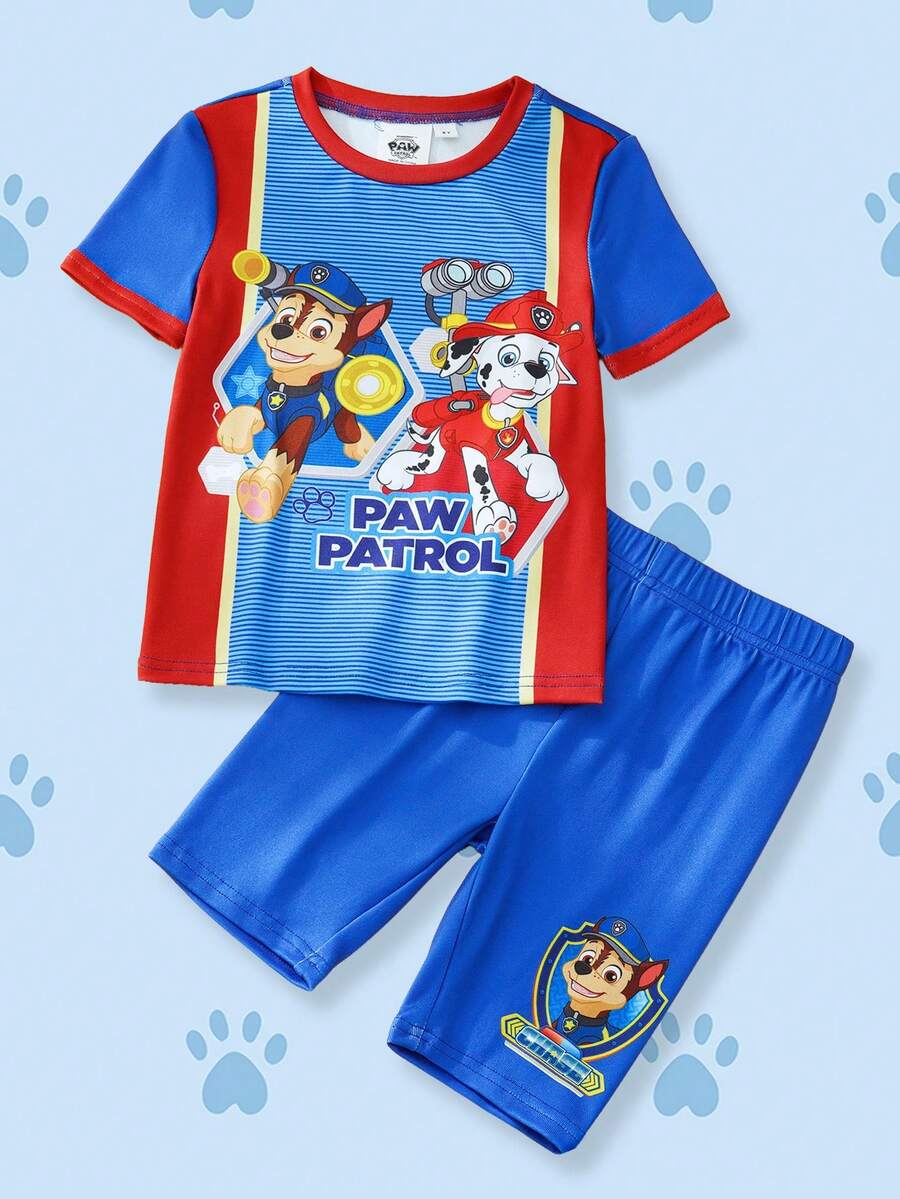 SHEIN | PAW Patrol 卡通印花撞色圆领短袖上衣和短裤睡衣套装,适合小男孩 - 藍色 - 查看 1
