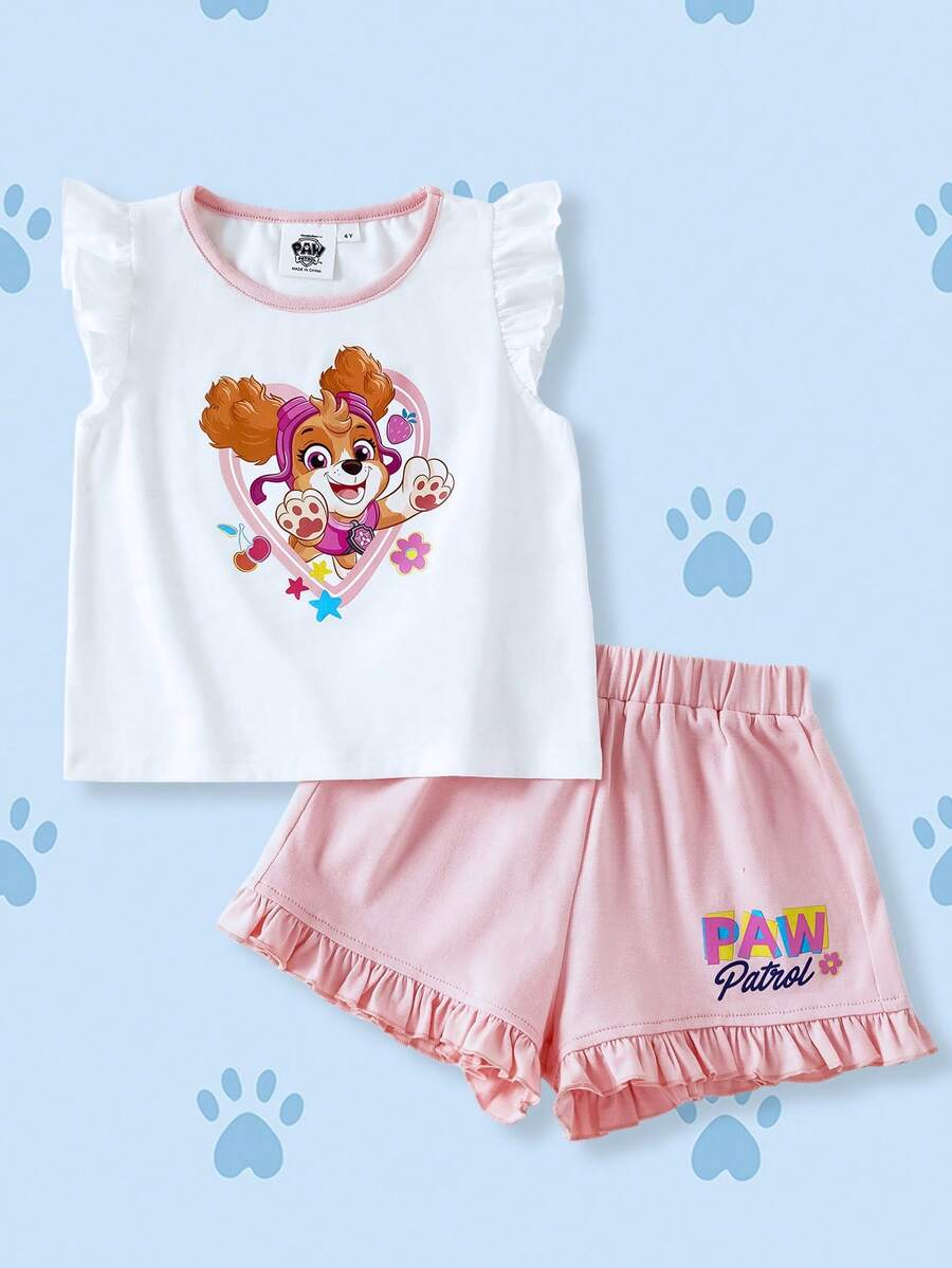 SHEIN | PAW Patrol 适合小女孩的可爱T恤套装 - 白色 - 查看 1