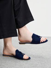CUCCOO BIZCHIC 女款深藍色麂皮紋理經典平底拖鞋，舒適百搭，適合夏季通勤辦公穿著 - 深蘭 - 查看 5