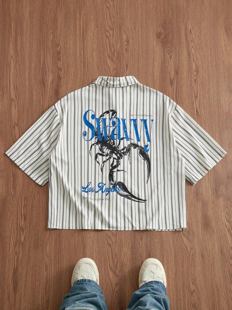 SWAVVY Men's Casual Striped Scorpion Print Shirt - White - View 1