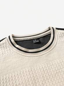 EGENSIO Men's Knitted Jacquard Solid Color Textured Collar & Cuff Flat Hem Ribbed Chest Patch Pullover Sweatshirt - Apricot - View 6