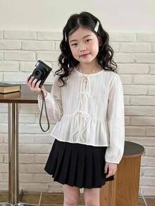 SHEIN Tween Girl Blouses Spring Autumn Winter New Woven White Casual Sweet Lady Solid Color Lace Patchwork Ruffle Long Sleeve Shirt, Doll Style Shirt, Back To School Season, Fashion Versatile - White - View 3