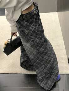 DAZY 女款休閒百搭日常旅行牛仔褲，附口袋與鈕扣，格紋圖案校園風 - 灰色 - 查看 1