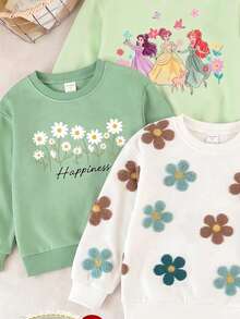 SHEIN 買3套送1套少女套裝，經典花卉、字母、可愛公主元素印花圓領長袖羅紋運動衫搭配同款印花長褲，適合秋冬戶外活動 - 彩色 - 查看 3
