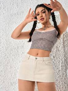SHEIN PETITE 女士时尚迷你牛仔裙 - 杏色 - 查看 8