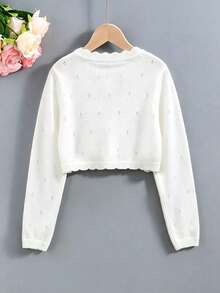 SHEIN Elladie kids 少女蝴蝶結裝飾休閒百搭日常穿搭開襟衫 秋季 - 白色 - 查看 4