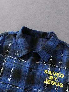 ROMWE MEN Men's All-Season Rhinestone Plaid Long Sleeve Shirt - Blue - View 4