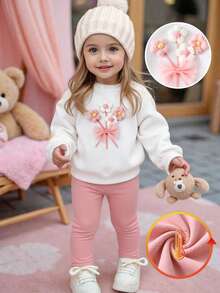 SHEIN Playful Pals 嬰兒幼兒休閒日常可愛衛衣套裝，3D鉤編粉色與白色花朵蝴蝶結印花，透明俏皮上衣，針織底層，彈性刷毛布料，女嬰秋季套裝褲，適合日常休閒、度假、運動，可愛穿搭 - 粉色 - 查看 5
