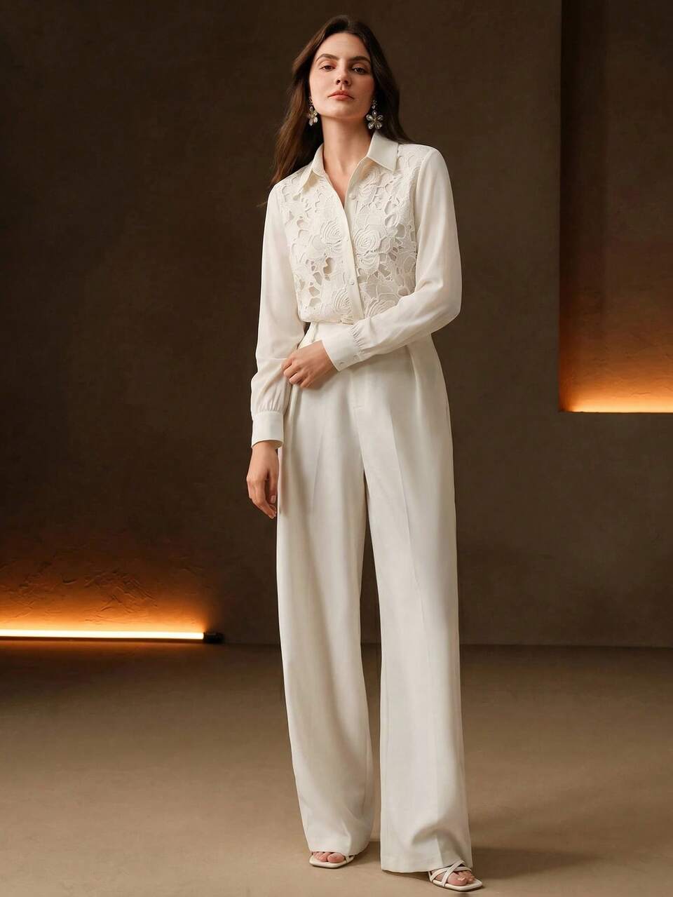 Anewsta Women's New Autumn/Winter Apricot Elegant Casual Water-Soluble Embroidery Patchwork Long Sleeve Shirt, Suitable For Daily, Vacation, Beach, Holiday, Commute Wear