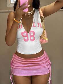 Fiercella Fiercella 時尚女款粉色與黃色拼色背心上衣與粉色裙子 2 件套 - 彩色 - 查看 6