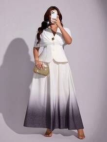 Viva Relle Plus Size Elegant V-Neck Cinched Waist Cape Top + Gradient Print Full Skirt Long Dress 2-Piece Set - Black and White - View 6