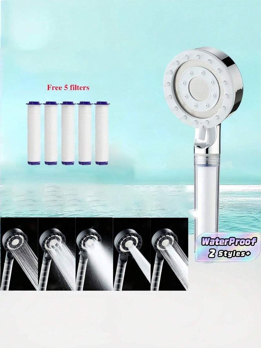 1PC Adjustable 5-Mode High Pressure Shower Head, Water Saving Massage Filter Shower With 5 Cartridges, Black/Silver Bathroom Accessory - multicolor - View 1