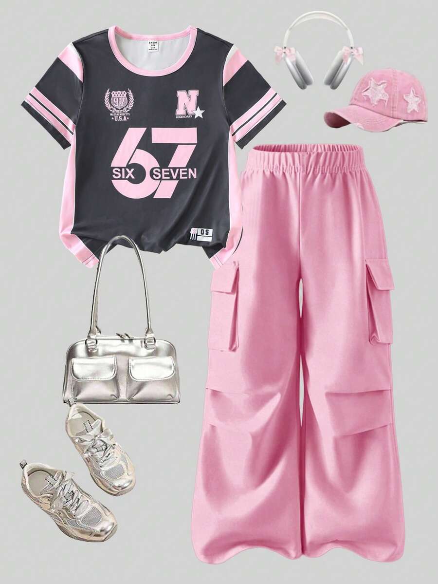 SHEIN Elladie kids 青少年女孩夏季美式運動風乳牛圖案兩件套 粉色與白色配色對比粉色滾邊 T恤 返校服 女孩秋季服飾 - 彩色 - 查看 1