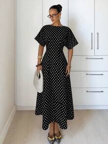 Siren Gaze Gaun Panjang Wanita Elegan Motif Polkadot untuk Perjalanan Sehari-hari - Hitam - View 3
