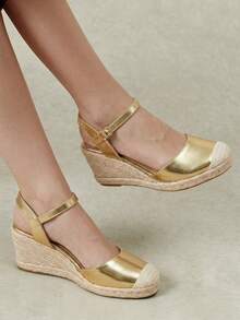 Styleloop أحذية نسائية، بني، أحذية من القش وحبل القنب مطرزة بالزهور، صنادل بكعب إسفين ومنصة، ملابس بوهيمية للعطلات تعزز الطول - الذهبي - مشاهدة 2