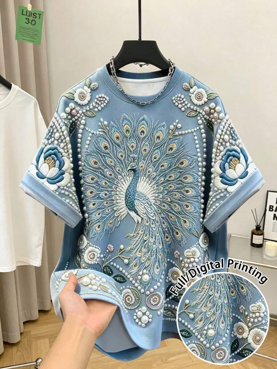 Resyla 孔雀與孔雀藍圓領女款T恤上衣,夏季流行時尚優雅休閒派對上衣 - 彩色 - 查看 1