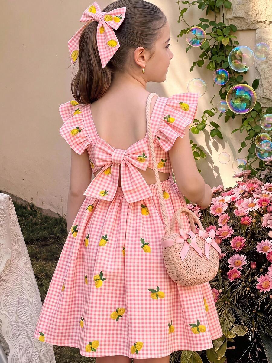 SHEIN Young Girl Yellow Plaid T With Lemon Print For Vacation Style Cute Vacation Dress