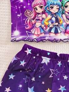 青少年女孩休閒修身卡通可愛女孩圖案細肩帶上衣與短褲家居服套裝，適合夏季居家穿著 - 彩色 - 查看 5