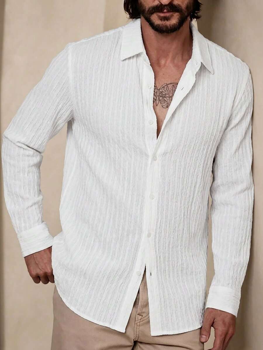 Core Aspect 男士休閒白色長袖襯衫，商務工作襯衫，抗皺免熨燙襯衫 - 白色 - 查看 1