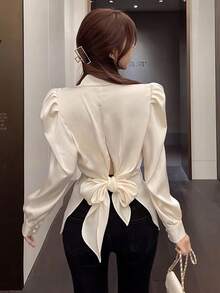 Siren Gaze Elegant Solid Color Satin Pleated Backless Tie Bow Blouse, Women's Autumn New Slim Fit Puff Sleeve Shirt, Off White, French Style, Party Office Dinner - Apricot - View 5