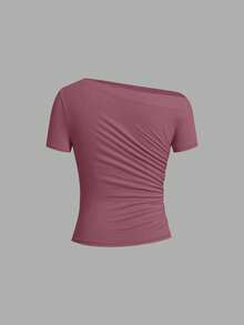 SHEIN Clasi 女款純色不對稱肩褶皺修身百搭休閒T恤 3件/套 - 彩色 - 查看 4