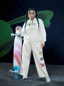 Rick and Morty X SHEIN 加大码标语卡通图案袋鼠口袋插肩袖抽绳卫衣 - 白色 - 查看 7