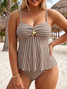 Swim Lushoire 2026 New Metal Decor Ruched Front Tummy Control Plus Size Spaghetti Strap Beach Swimsuit For Women - Multicolor - View 4