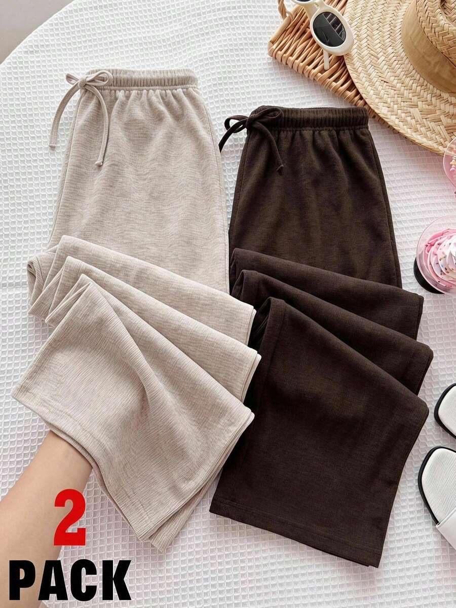 Girlism Tween Girl Tween Girls Pants Casual Textured Bow Wide Leg Pants Relaxed Holiday Style Casual Pants Loose Pants Summer Pants Multi-Functional Daily Wear 2 Pieces Set - Multicolor - View 1