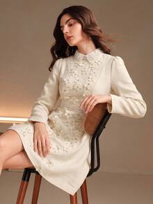Anewsta Autumn/Winter Gentle French Style 3D Floral Beaded Cream White Short Dress - Apricot - View 1