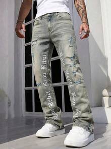 ROMWE MEN Street Life Jeans acampanados con bordado de letras desgastados para hombre - Azul - Ver 3