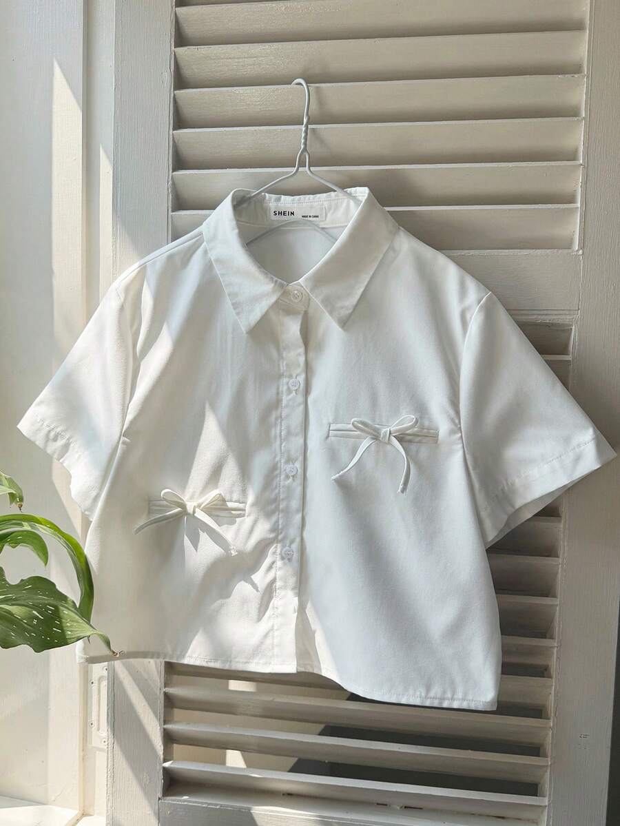 SHEIN 女童蝴蝶結裝飾短袖純色單排扣襯衫 開學季校園風 白色夏季