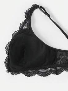 Bralution 2pcs Black Molded Cup Water Drop Cup Push Up Lace Patchwork Sheer Rhinestone Glitter Romantic French Women's Lingerie Set Wedding Guest - Black - View 10