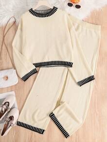 SHEIN Teen Girls Sweater Co-Ords Autumn/Winter New Apricot Color Contrast Line Decor Crew Neck Pullover Sweater & Long Pants Set - Apricot - View 6