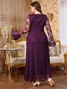 Reflora Plus Size Elegant Party Formal Evening Solid Color Lace Dress Autumn Wedding Purple Fall - Purple - View 2