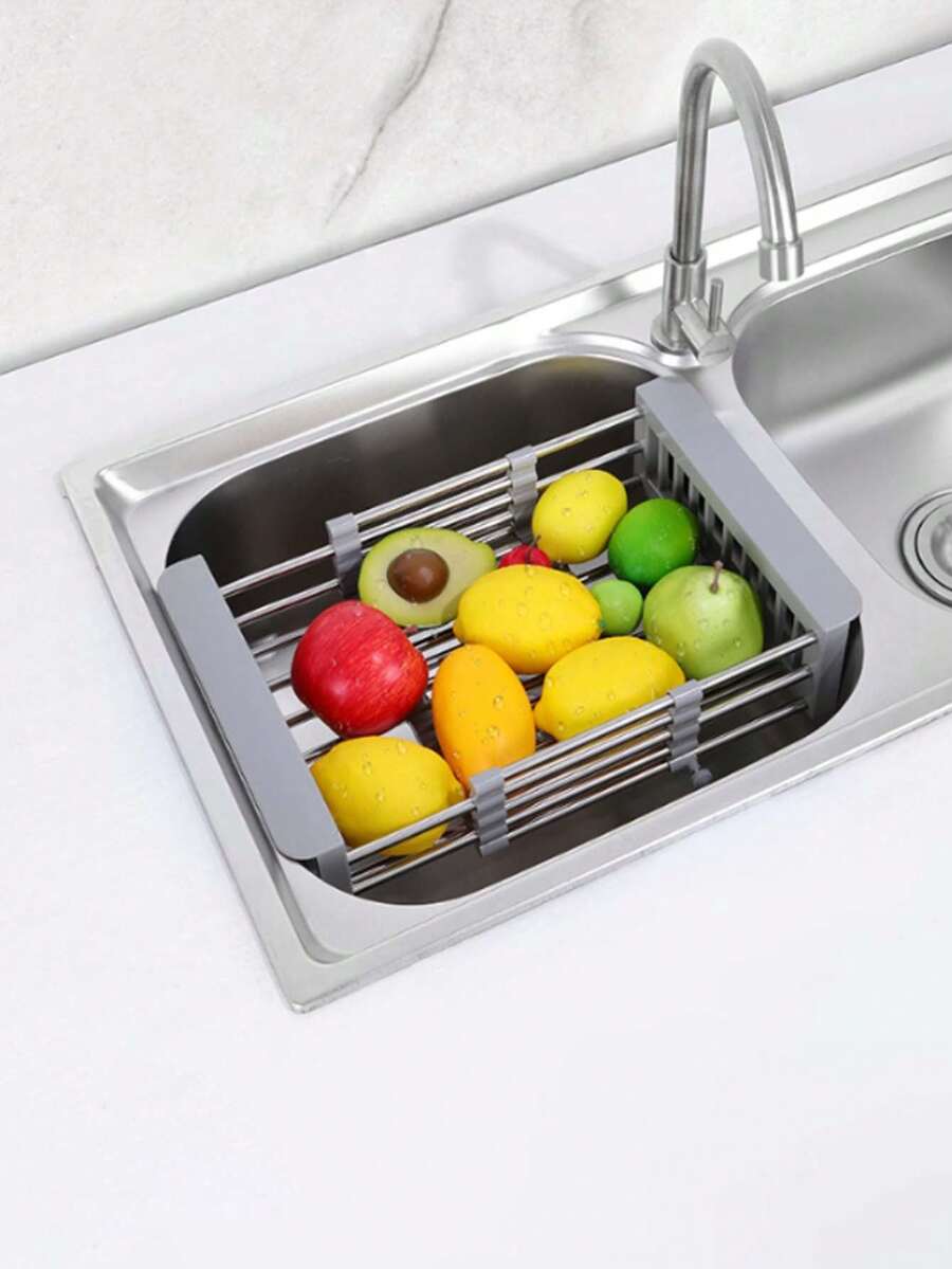 Escurridor ajustable de acero inoxidable retráctil, estante de almacenamiento para fregadero sin perforaciones, escurridor ahorrador de espacio, diseño a rayas, adecuado para fregaderos y encimeras, almacenamiento de cocina moderno, estante de almacenamiento multifuncional
